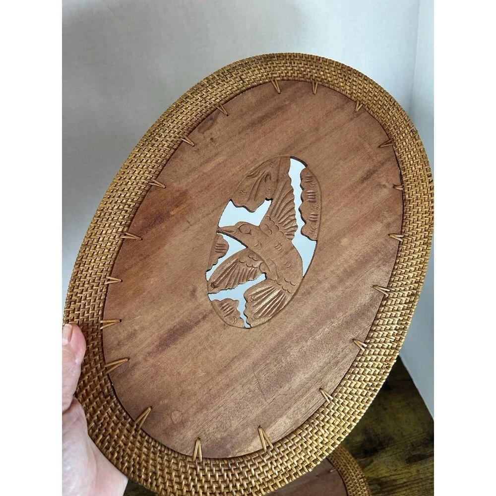 Vintage Hand-Carved Rattan Placemats Set of 6 Fish Floral Bird Boho Decor Brown